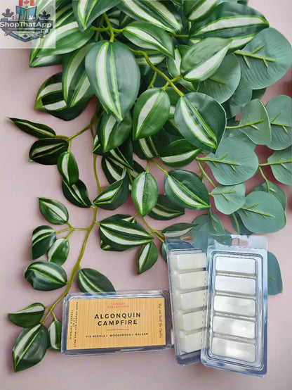 Wax melt bar from Stopandsmellthecandles featuring Algonquin Campfire soothing fragrance, 1.75oz, with warm, smoky scent in background.