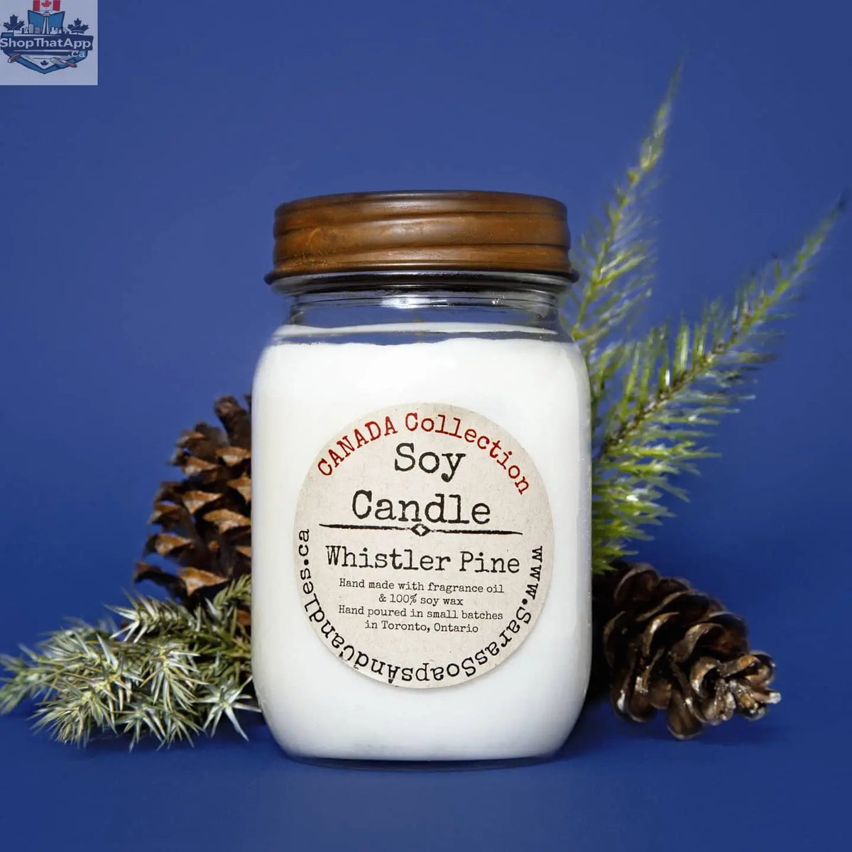 Large Whistler Pine soy candle by Stopandsmellthecandles, 14oz jar with a pine forest scene on the label.