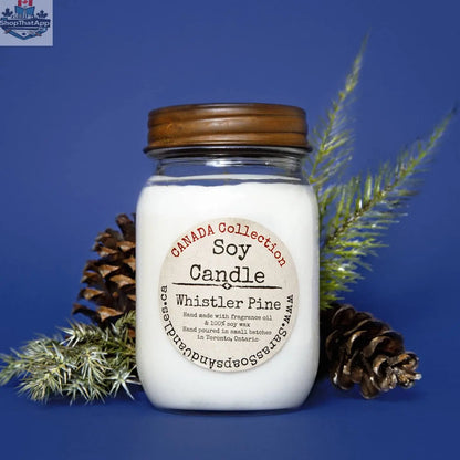 Large Whistler Pine soy candle by Stopandsmellthecandles, 14oz jar with a pine forest scene on the label.
