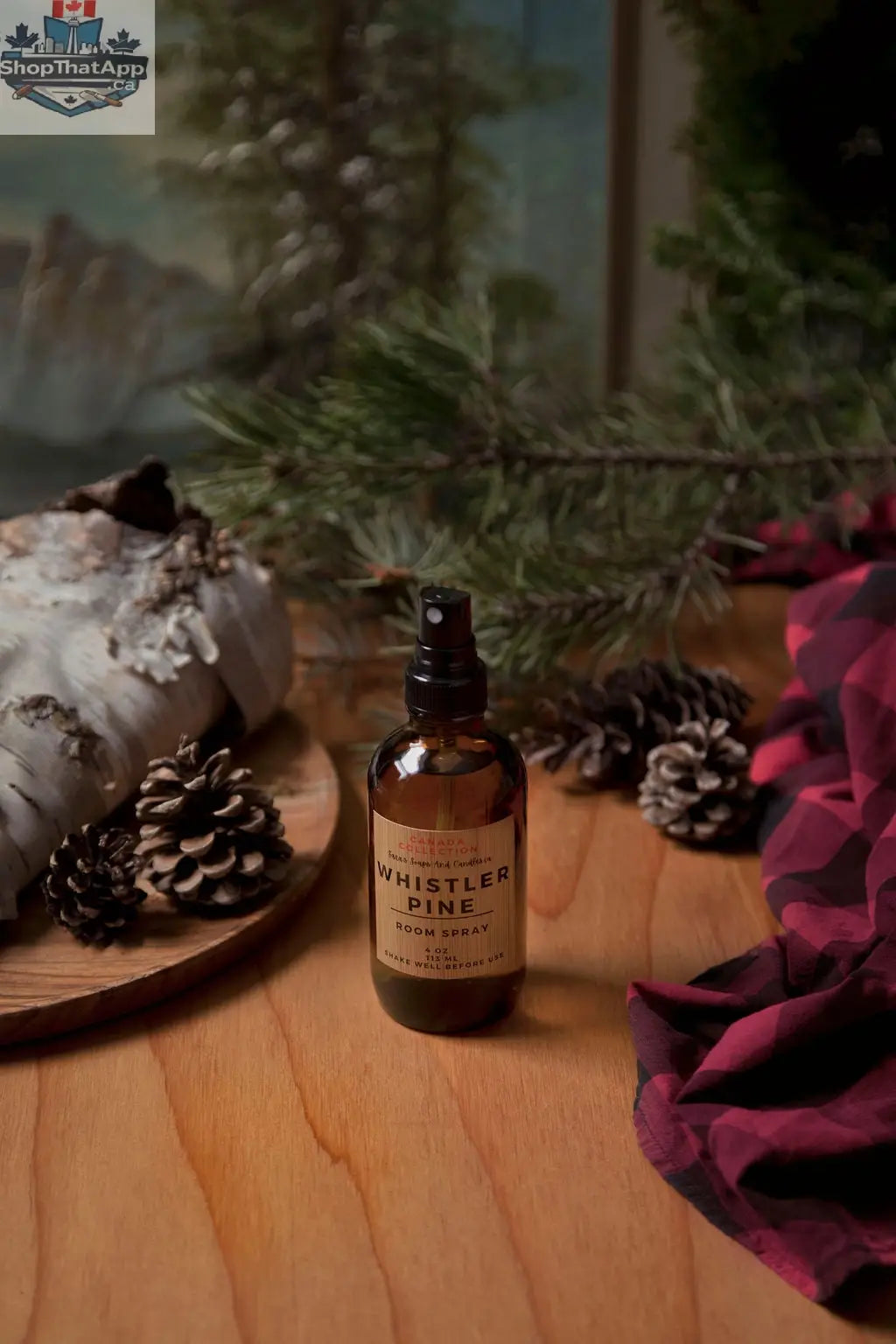 Stopandsmellthecandles Whistler Pine Room Spray displayed in a sleek bottle, designed to freshen and scent indoor spaces.