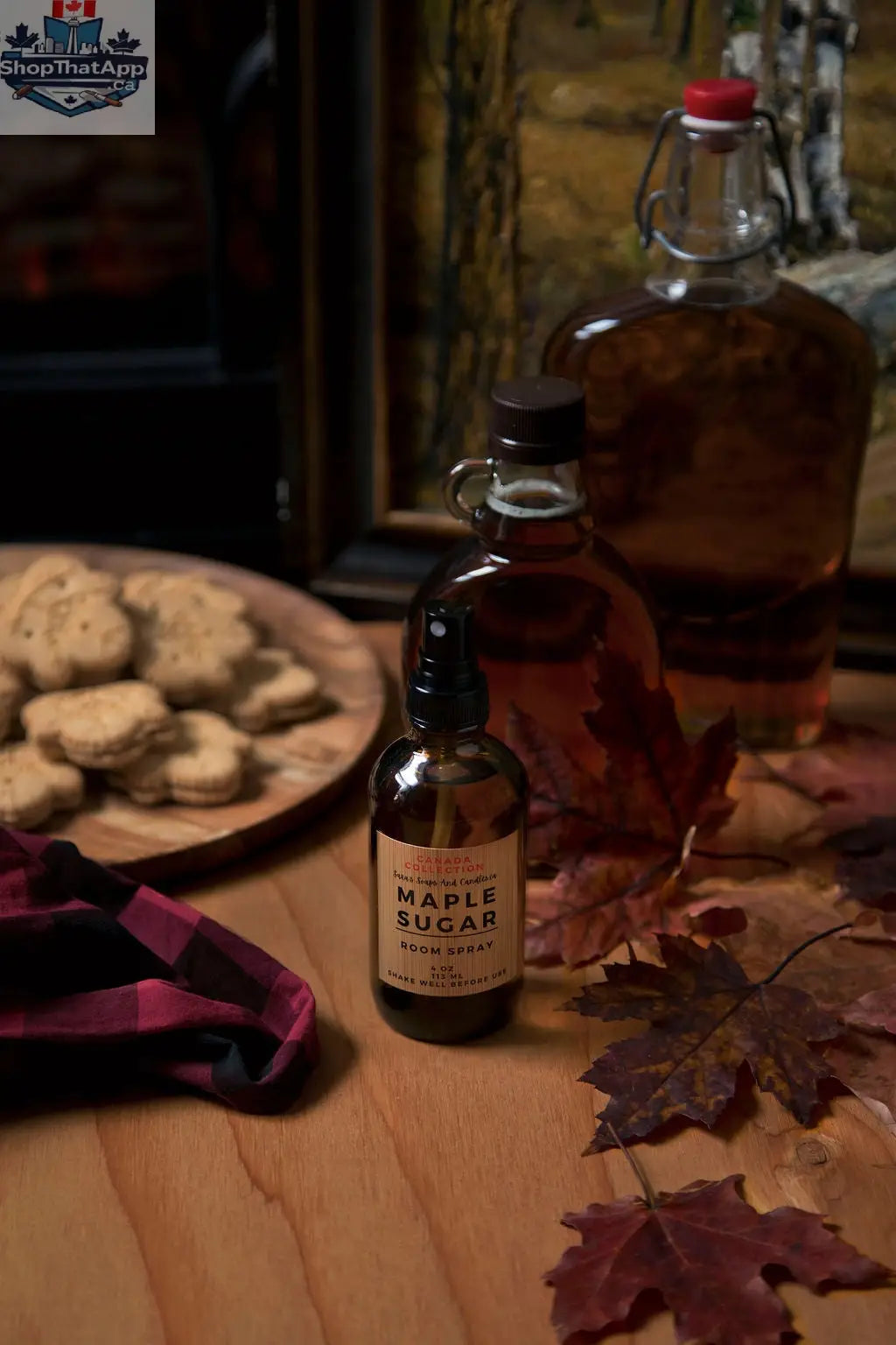 Stopandsmellthecandles Quebec Maple Sugar Room Spray, bottle with maple leaf design and label, fresh maple scent.