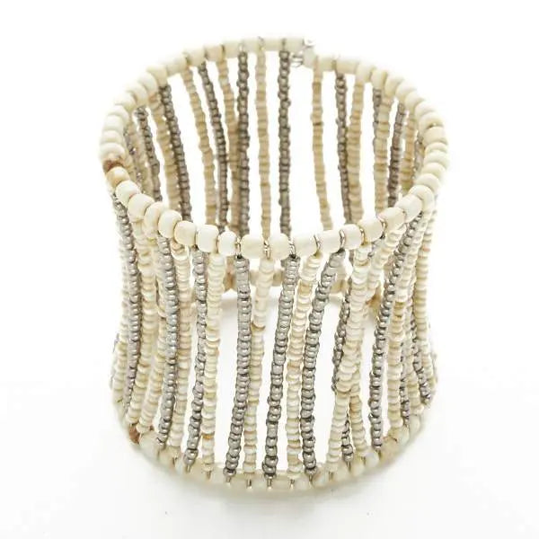 Beaded column cuff bracelet by Suzie Blue Canada featuring colorful beads and a stylish, handcrafted design.