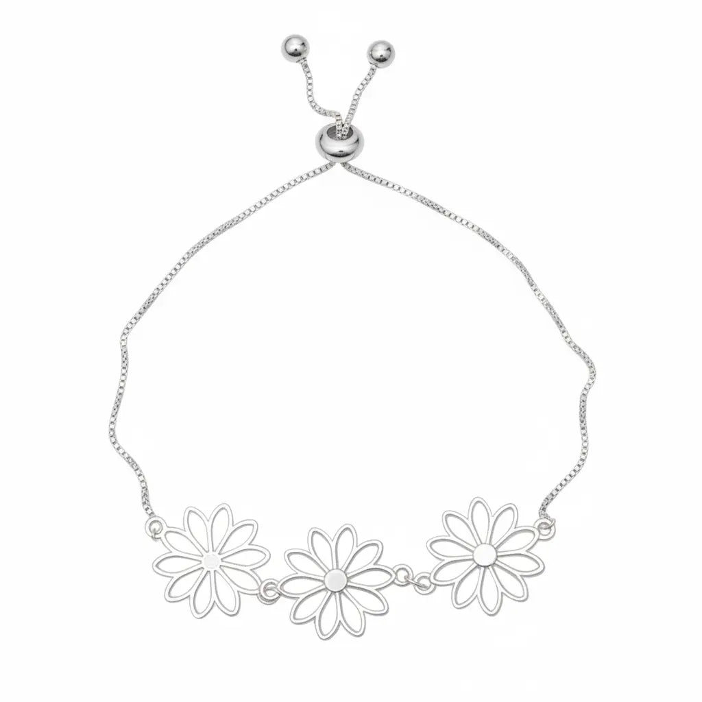 Silver plate adjustable flower bracelet with triple flower design by Suzie Blue Canada, featuring delicate floral details.