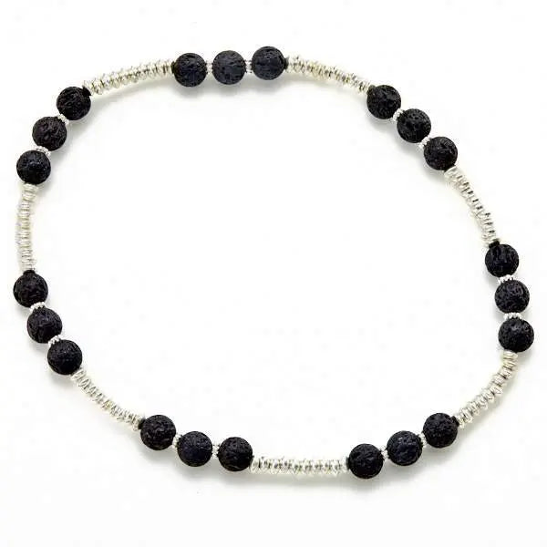 Lava stone double wrap bracelet with silver plate, handmade jewelry by Suzie Blue Canada, featuring black volcanic beads and silver accents.