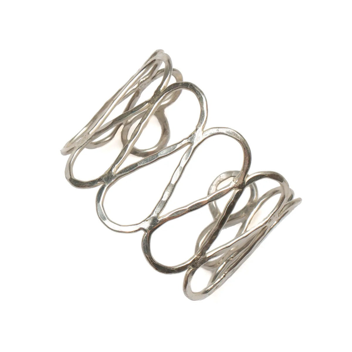 Silver open loop metal cuff bracelet by Suzie Blue Canada showcasing a sleek, minimalist design for stylish accessories.