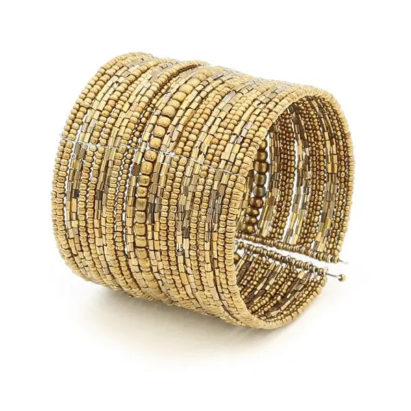 Wide beaded cuff bracelet by Suzie Blue Canada featuring colorful beads and a stylish, chunky design.
