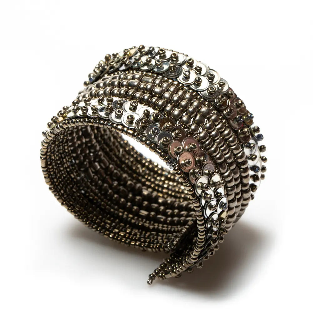 Sequin cuff bracelet by Suzie Blue Canada with sparkling gold sequins and elegant design, perfect for stylish accessories.