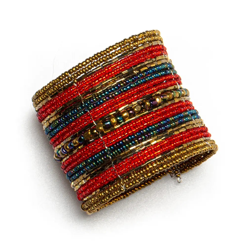 Striped beaded cuff bracelet by Suzie Blue Canada featuring colorful beads and a stylish, unique design.