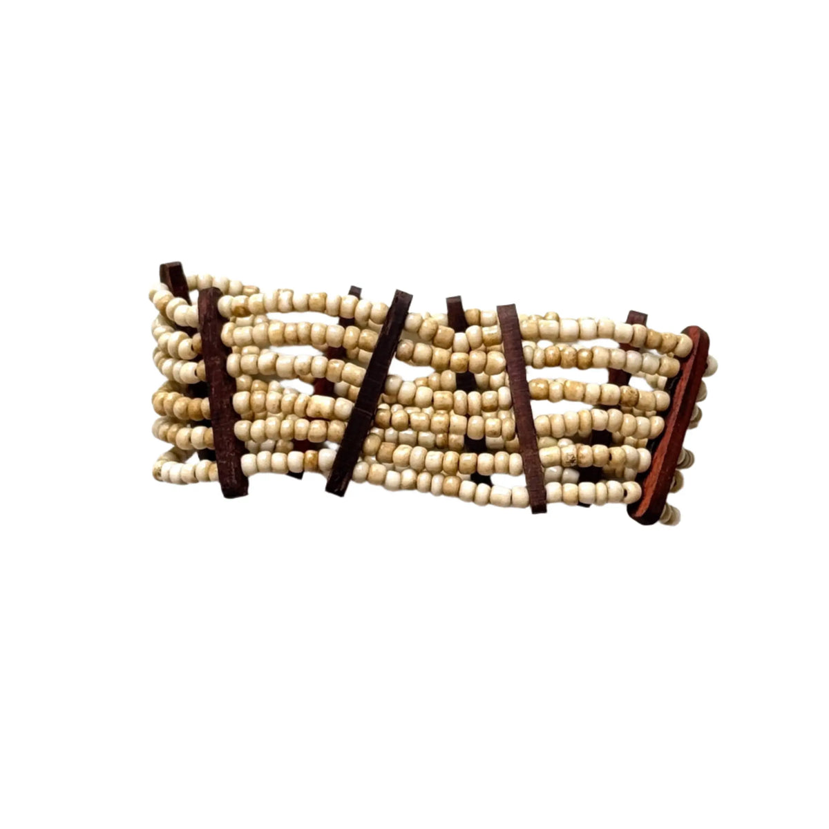 Elasticated bead bracelet with wood detail from Suzie Blue Canada, featuring natural wooden beads and a stretchable design.