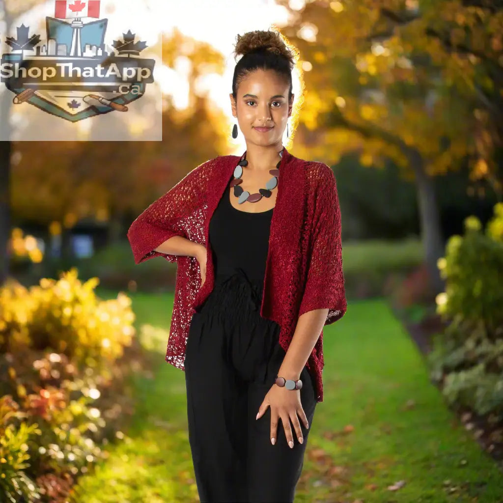 Suzie Blue Canada Popcorn Knit Cardigan in Claret Red, short sleeve layering piece with a cozy knit texture.