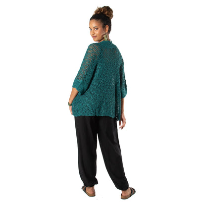 Jade green Popcorn Knit Cardigan by Suzie Blue Canada with short sleeves, featuring a textured popcorn knit pattern.
