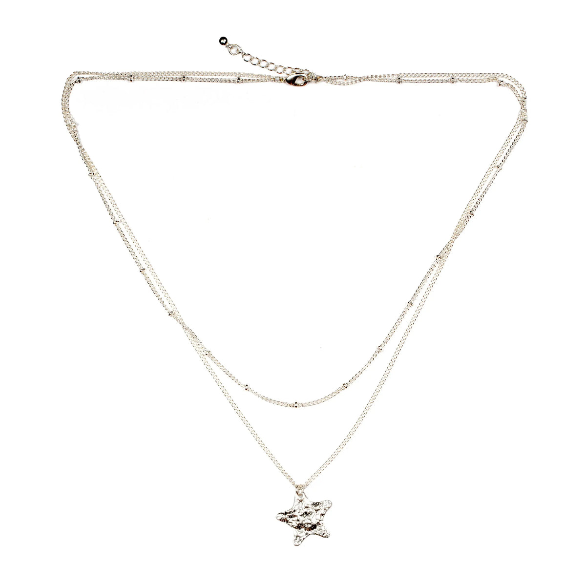 Silver plated double strand star necklace featuring layered star charms, displayed on a neutral background.