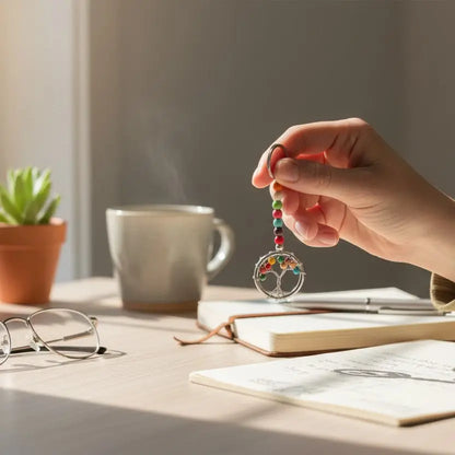 Suzie Blue Canada Tree of Life keychain with intricate tree design, displayed as a stylish accessory in a lifestyle setting.