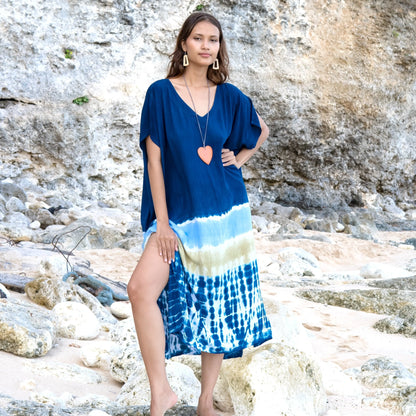 Blue striped and tie-dye beach kaftan dress by Suzie Blue Canada, perfect for summer escapes.