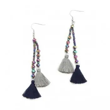 Suzie Blue Canada double tassel earrings with crystal drop, elegant jewelry featuring gold-tone tassels and shimmering crystal accents.