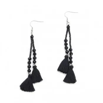 Suzie Blue Canada double tassel earrings with crystal drop, elegant jewelry accessory, featuring gold-tone tassels and sparkling crystal accents.