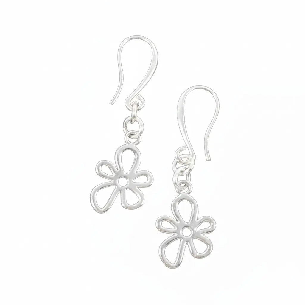 Silver plate flower charm earrings with delicate floral design, crafted by Suzie Blue Canada, suitable for elegant and casual wear.