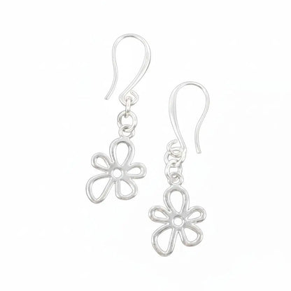 Silver plate flower charm earrings with delicate floral design, crafted by Suzie Blue Canada, suitable for elegant and casual wear.