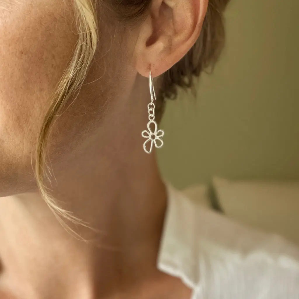 Silver plate flower charm earrings by Suzie Blue Canada, featuring delicate floral design and classic earring style.