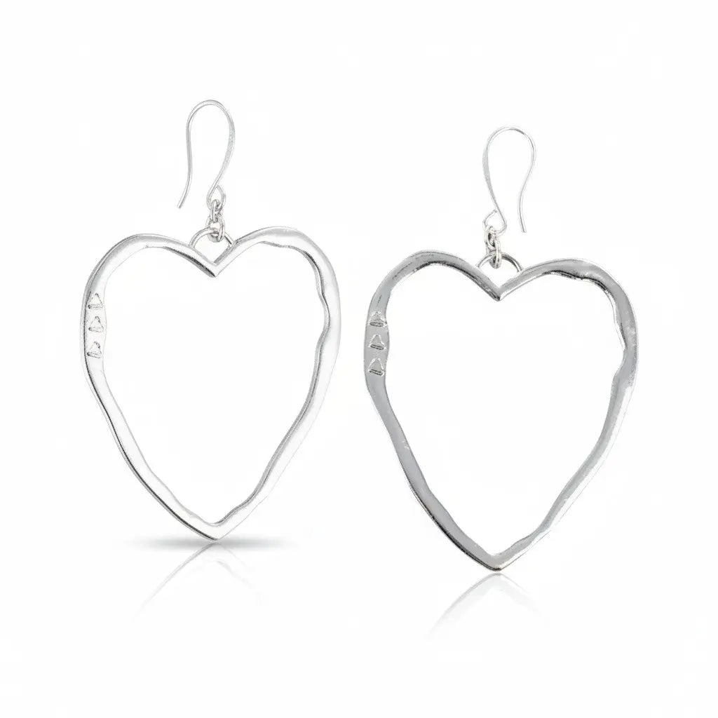 Silver plated open heart earrings by Suzie Blue Canada, featuring elegant heart-shaped design on polished studs.