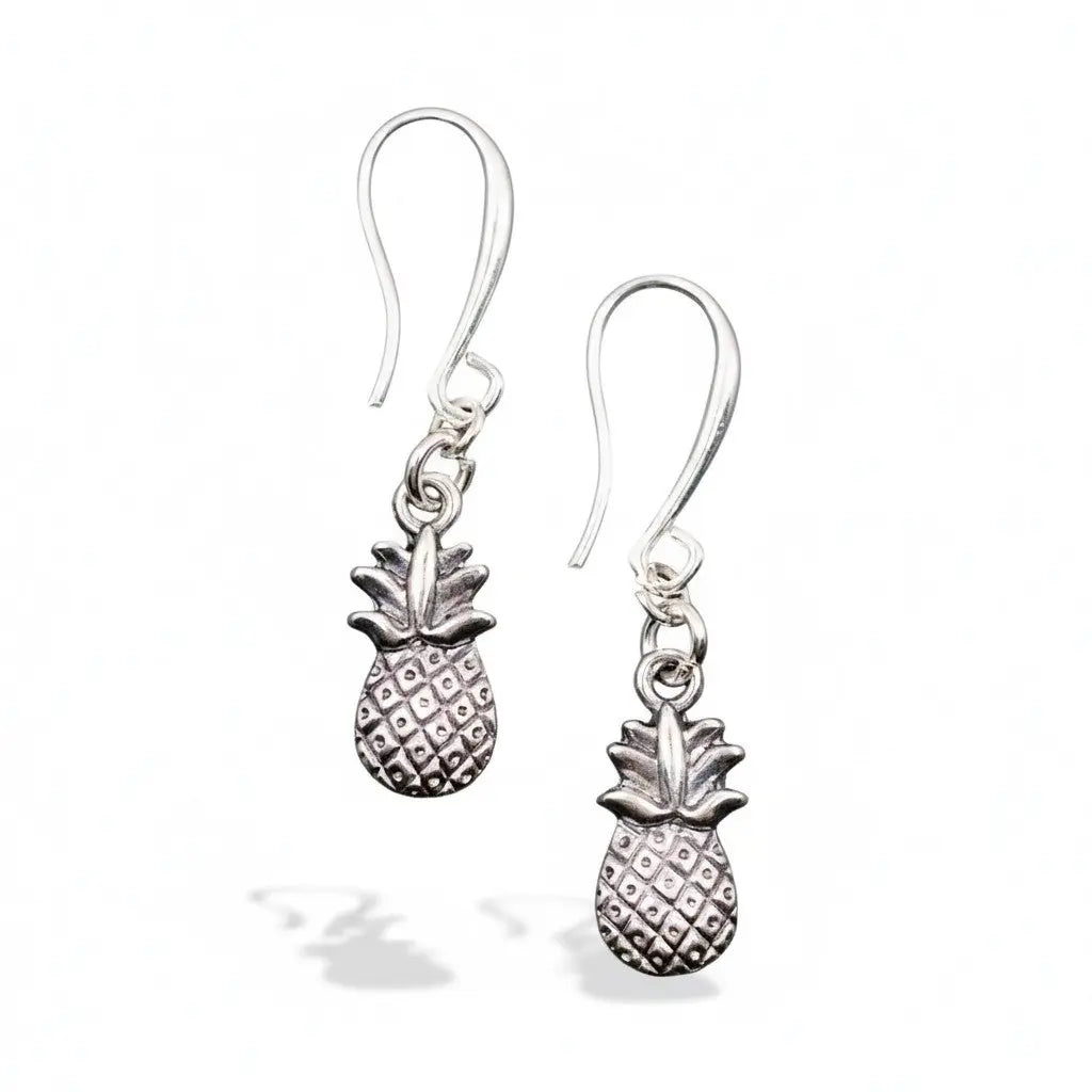 Silver plated pineapple charm earrings by Suzie Blue Canada with detailed tropical pineapple design.