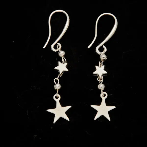 Silver star drop earrings with double drop design by Suzie Blue Canada, featuring charming silver plating and intricate detailing.