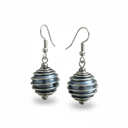 Suzie Blue Canada spiral pearl bead earrings with elegant design, featuring hanging pearl beads and silver hooks.