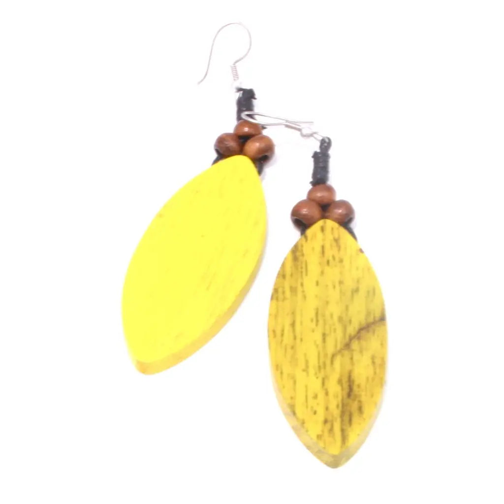 Wooden Petal Earrings by Suzie Blue Canada featuring delicate petal-shaped wooden dangles on silver hooks.