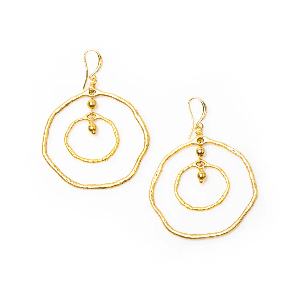 Gold plated beaten double ring earrings by Suzie Blue Canada, featuring textured circular design and stylish earring hooks.