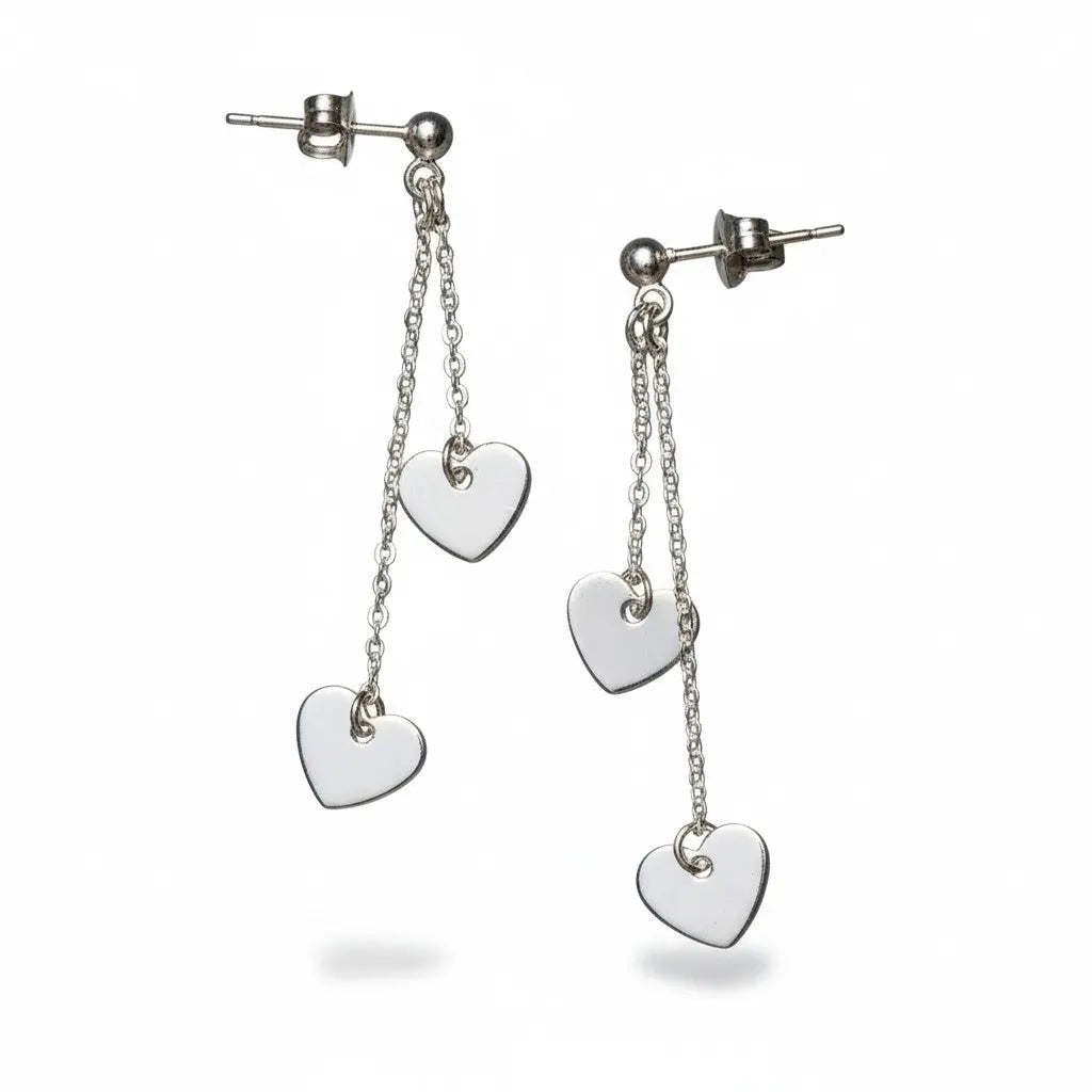 Silver plated double drop heart chain earrings with delicate design, by Suzie Blue Canada.