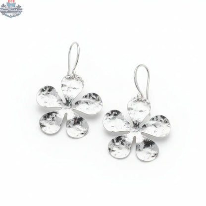 Hammered silver flower earrings by Suzie Blue Canada with an elegant silver plate design, showcasing intricate floral details.