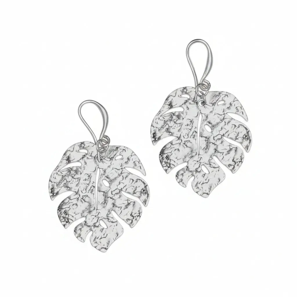 Hammered silver leaf earrings by Suzie Blue Canada featuring silver plating and elegant leaf-shaped design.