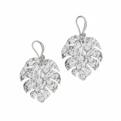 Hammered silver leaf earrings by Suzie Blue Canada featuring silver plating and elegant leaf-shaped design.