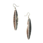 Silver long leaf metal earrings with intricate design, crafted by Suzie Blue Canada, shown on a white background.