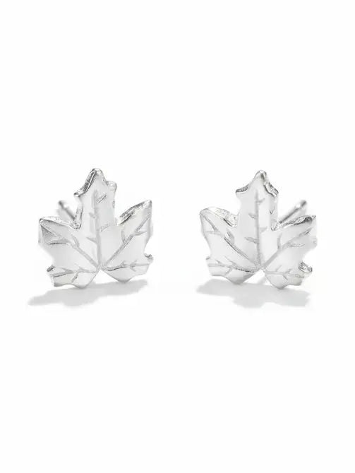 Maple Leaf silver plate earrings by Suzie Blue Canada, elegant stud design with detailed maple leaf motif and polished finish.