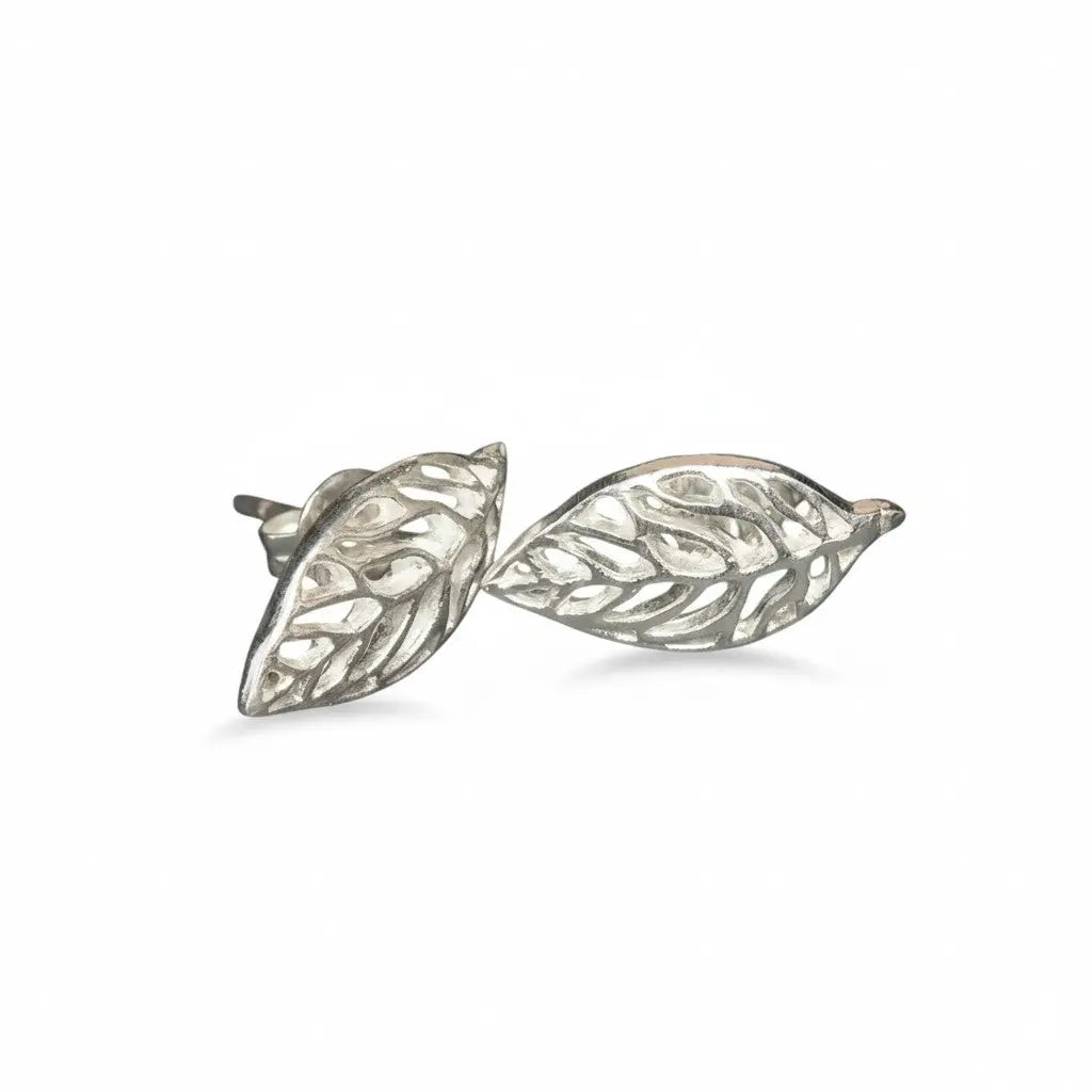 Silver plate open leaf stud earrings by Suzie Blue Canada, featuring delicate leaf design on small, stylish earrings.