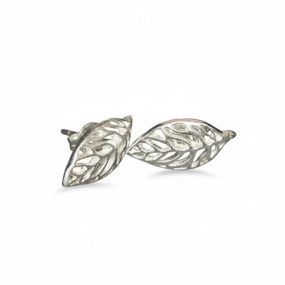 Silver plate open leaf stud earrings by Suzie Blue Canada, featuring delicate leaf design on small, stylish earrings.