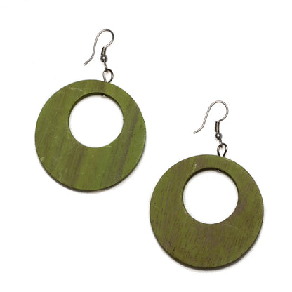 Round wooden hoop earrings by Suzie Blue Canada, showcasing eco-friendly fashion with natural wood finish and stylish design.