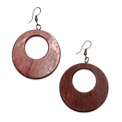 Round wooden hoop earrings by Suzie Blue Canada, eco-friendly fashion jewelry, showcasing natural wood finish and stylish design.