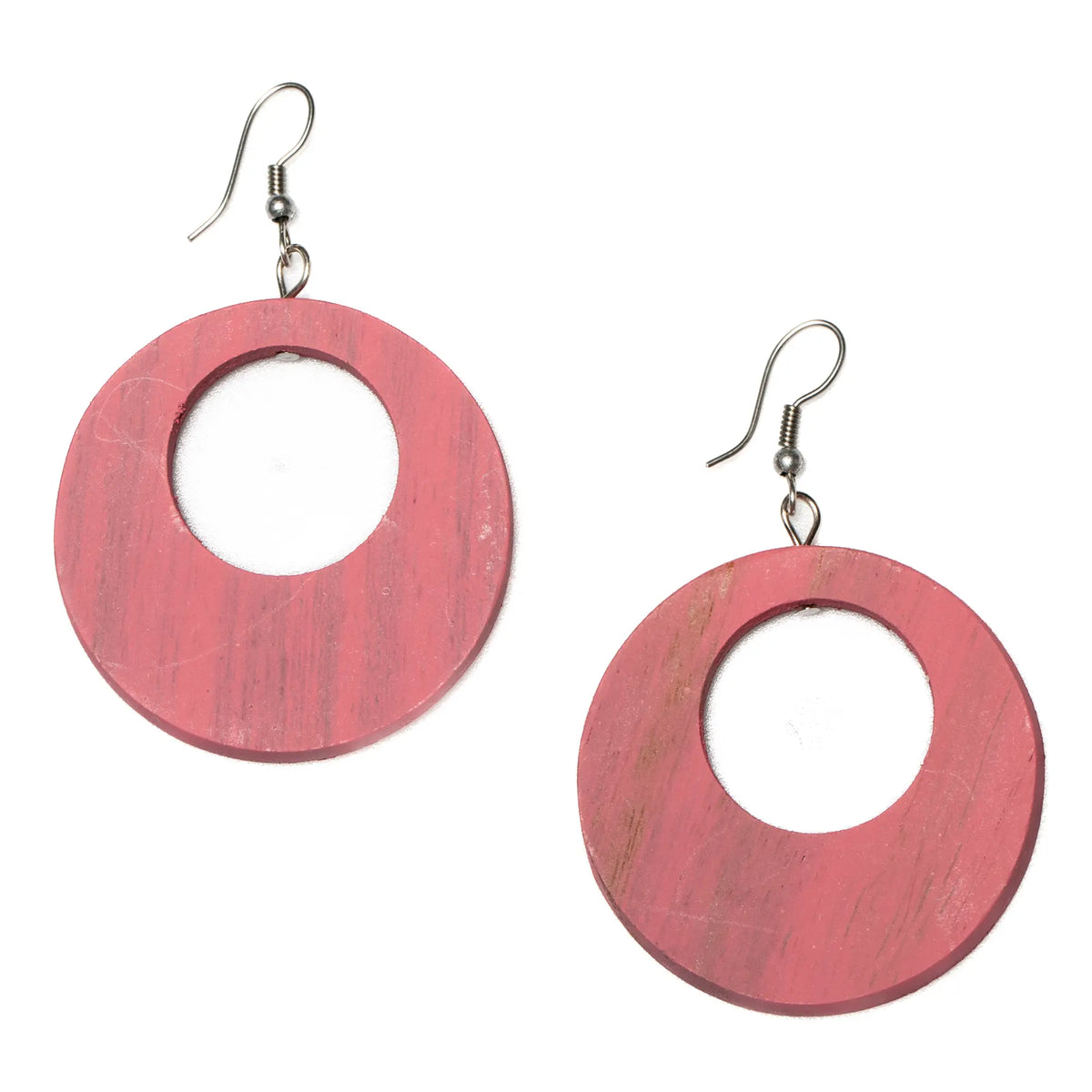 Round wooden hoop earrings by Suzie Blue Canada, showcasing eco-friendly fashion accessories with a natural wood finish.