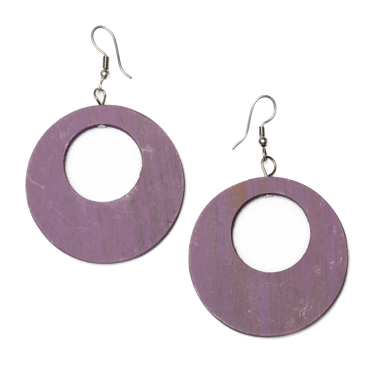 Round wooden hoop earrings by Suzie Blue Canada, eco-friendly jewelry with natural wood finish, stylish for casual or dressy wear.