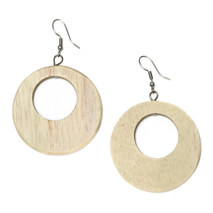 Round wooden hoop earrings by Suzie Blue Canada featuring natural wood finish for eco-friendly fashion style.