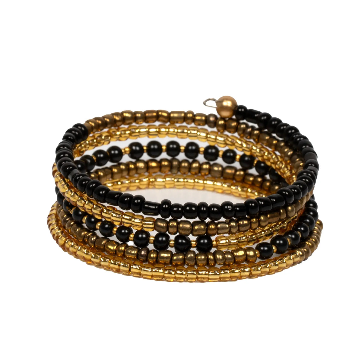 Colorful spiral bead bracelet by Suzie Blue Canada featuring vibrant, intertwined beads on a stretchable band.