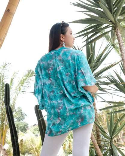 Mint and grey fern print kimono by Suzie Blue Canada, stylish short cover-up with floral pattern and lightweight fabric.