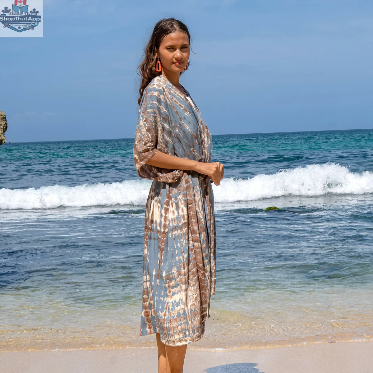 Long tie-dye kimono in tan and grey by Suzie Blue Canada, featuring flowing fabric and casual boho style.