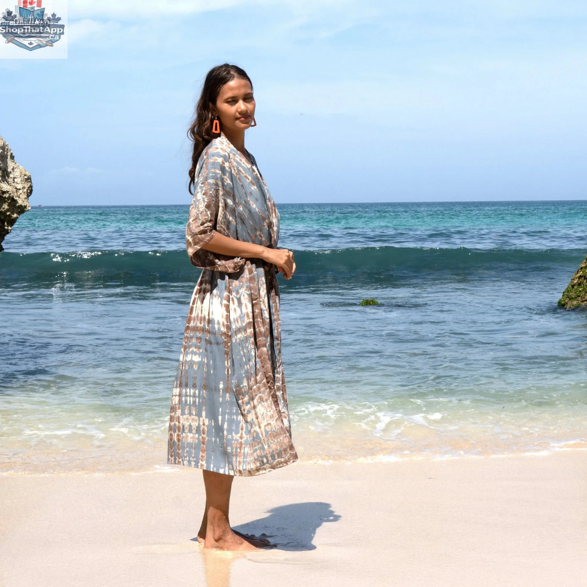 Long tie-dye kimono in tan and grey by Suzie Blue Canada, featuring a flowing design and open front style.
