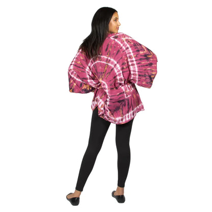 Purple tie dye kimono by Suzie Blue Canada featuring short, boho-inspired style with relaxed, effortless hippie vibe.
