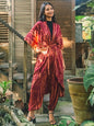 Maroon and gold tie-dye kimono by Suzie Blue Canada featuring bohemian style, lightweight fabric, and relaxed fit.