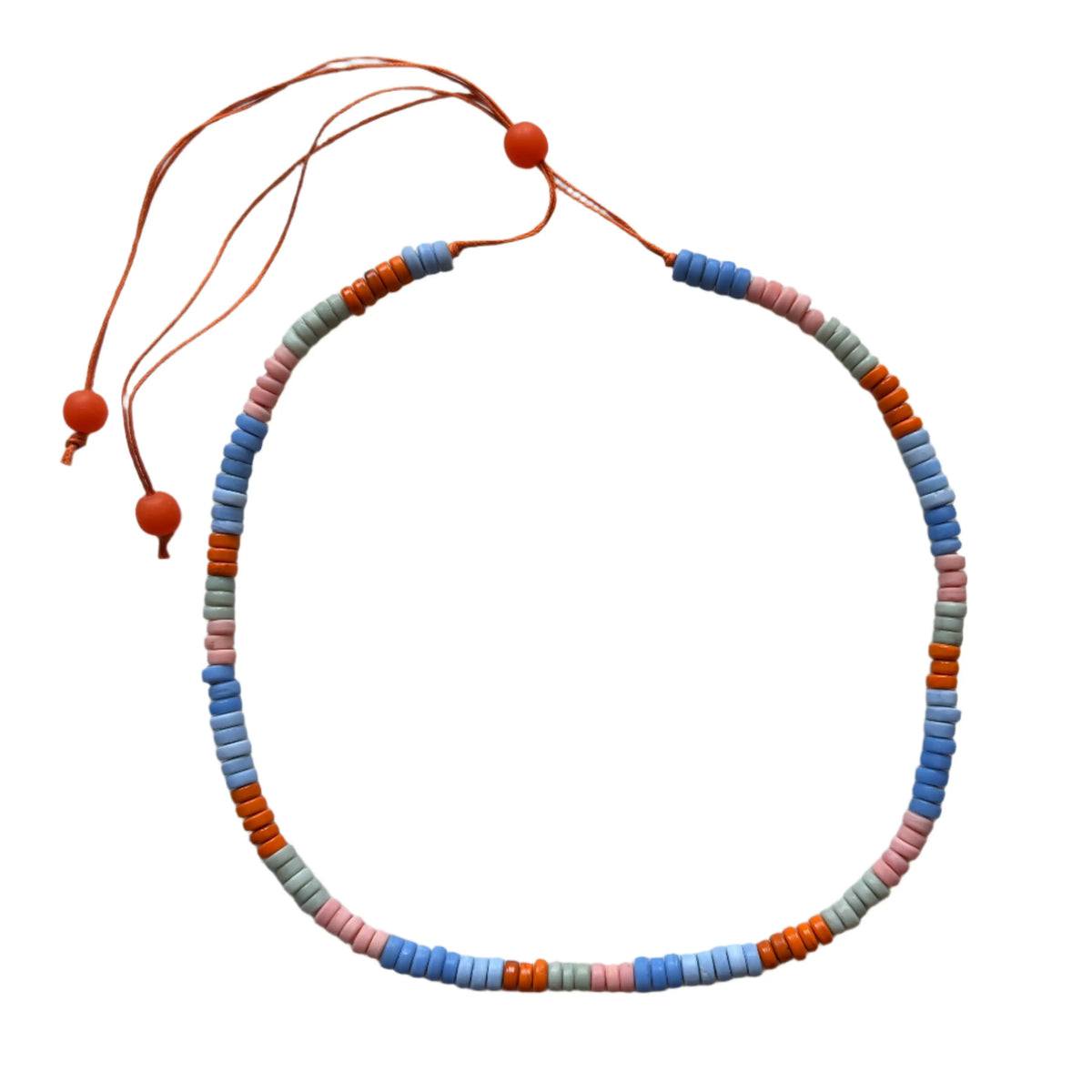 Single strand glass bead necklace by Suzie Blue Canada featuring colorful, round glass beads on a delicate chain.