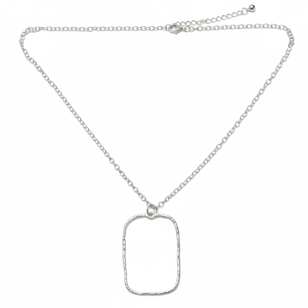 Hammered silver rectangular pendant necklace on simple chain, silver plated jewelry by Suzie Blue Canada